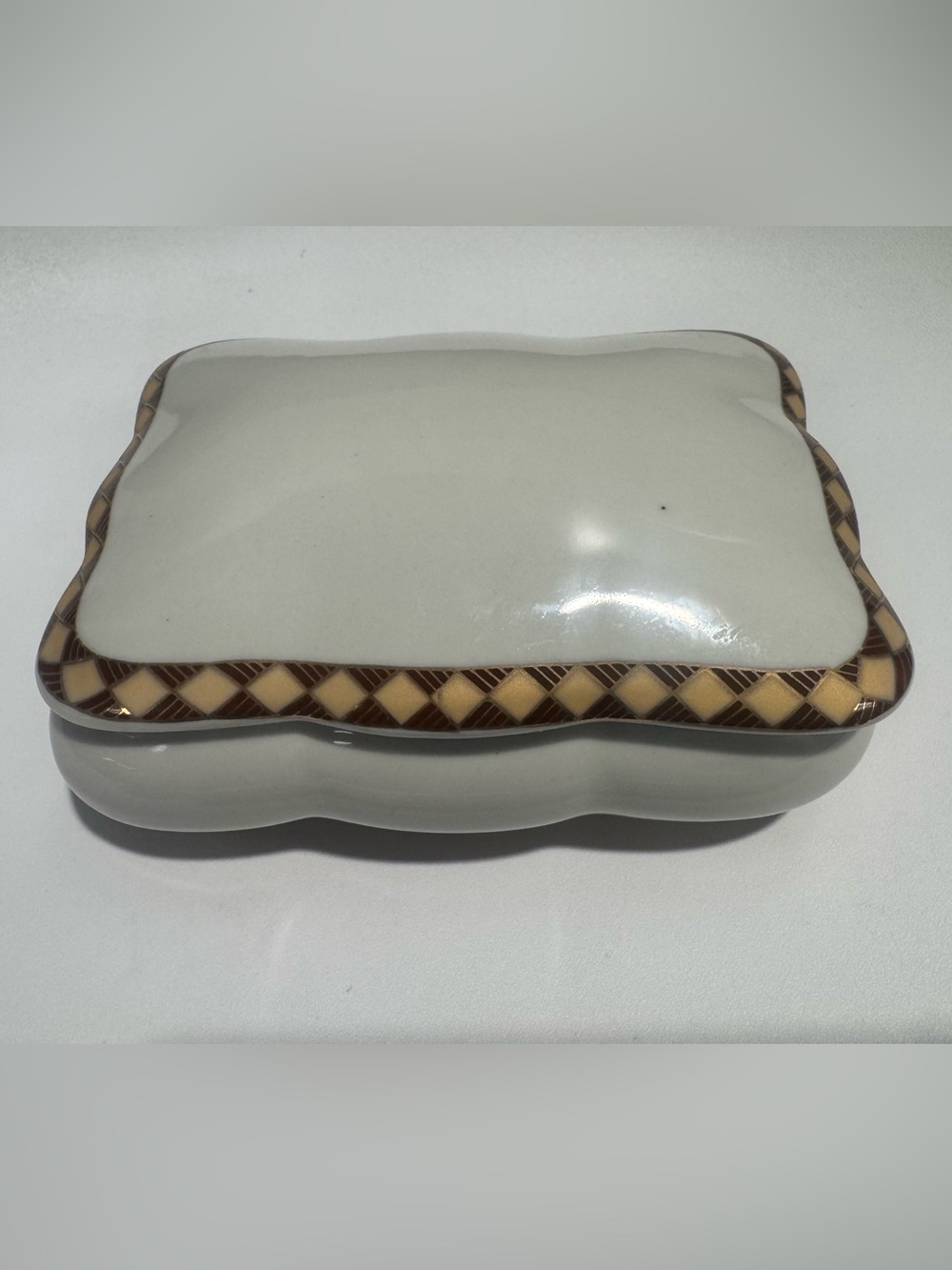 Amita Porcelain Decorative Trinket Box with Brown Checkered Trim